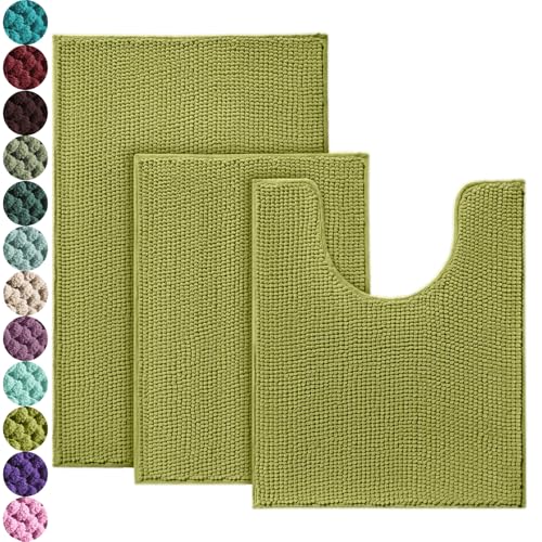 Urvoix Bathroom Rugs Sets 3 Piece, Non-Slip Chenille Bath Rug - Ultra Soft, Washable, Super Absorbent Bath Mat for Bathroom, Toilet and Tub (Moderate Olive) - color: Moderate Olive