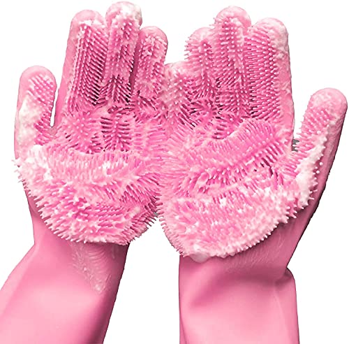 Silicone Dishwashing Gloves, Pet Grooming Rubber Scrubbing for Dishes, Sponge Wash Cleaning with Scrubbers (13.6" L) - color: Pink