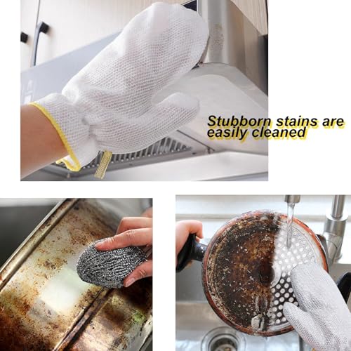 2PCS Dishwashing Gloves Silver and 2PCS Stainless Steel Melon Shape Steel Wire Ball(white/gray rope) - color: Gray