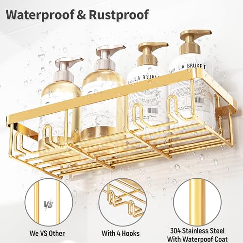 Liuoud 5 Pack Shower Caddy Organizer Rack Shelf for Inside Shower, Self Adhesive Wall Storage Basket Rustproof Stainless Steel Shampoo Holder Bathroom Accessory Decor Set, Gold - color: Gold