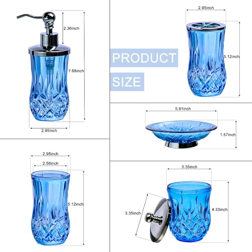 Bathroom Accessories Set,5 Pcs Blue Glass Bathroom Accessory Set,Complete Lotion Soap Dispenser,Toothbrush Holder,Soap Dish,Tumbler & Jar,Modern Bathroom Decor Sets Gift,Round - style: Round(Blue)