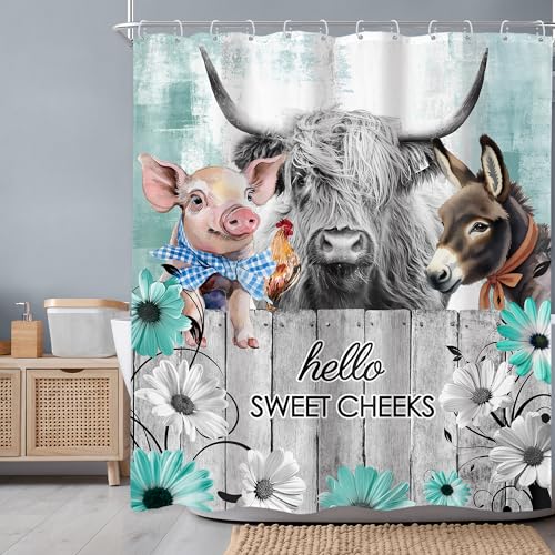 Newsely Rustic Funny Highland Cow Shower Curtain 60Wx72H Inch Teal Floral Daisy Farmhouse Western Animal Donkey Chicken Pig Bathroom Set Bull Wooden Waterproof Bath Decoration Accessories Home Decor - color: A-03cow, size: 60"W x 72"L (Pack of 1)