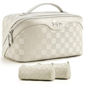 BOYATU Travel Makeup Bag Organizer: 3 Pcs Set Large Capacity Cosmetic Bags Holds 10–20 100ml Full-Size Bottles - 180°Open-Flat Make up Case 3-sec touch-up - Toiletry Bag Gift women (01-D-Beige) - color: 01-E-Beige