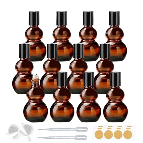 Essential Oil Roller Bottles, 10ml Amber Gourd Shaped Glass Roller Bottles with Stainless Steel Roller Ball, for Travel,Perfume (Amber-Black Cap, 10ML) - color: Amber-Black Cap, size: 10ML