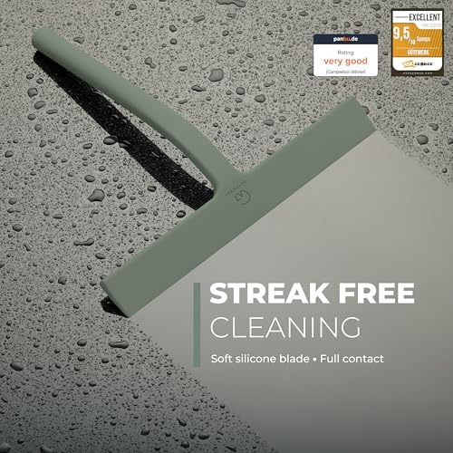 GÜTEWERK Silicone Shower Squeegee for Glass Doors & Mirrors with Stainless Steel Core, Streak-Free & No-Squeak Window Cleaning, 3-in-1 No-Drill Mount (Hook/Suction/Adhesive),Green, 11 Inches - color: Green, size: 11 Inches