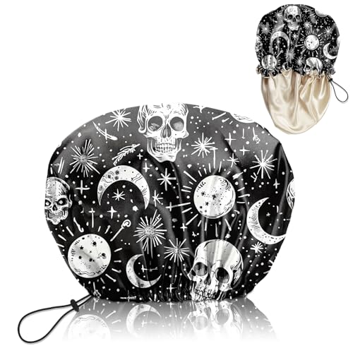 Luxury Shower Cap Satin Lined Reusable Waterproof Double Layer Elastic Adjustable Hair Bath Cap Cute Aesthetic Women Girlss-Skull - color: F5-Skull