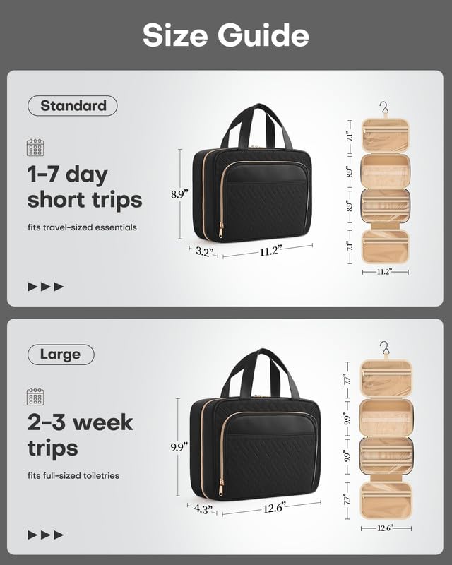 HOTOR Hanging Travel Toiletry Bag Women Men, Black, Large | Waterproof Makeup Bag Hanging Hook,Multiple Pockets,Travel Essentials,12.6 x 4.3 x 9.9inches - color: Black, size: Large