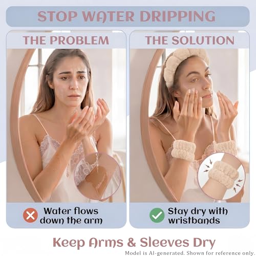 Face Washing Headband and Wristband Set, Khaki | Soft absorbent fabric, snug head-hugging fit for face washing, skincare, makeup, masks, travel, women and teen girls - color: Khaki