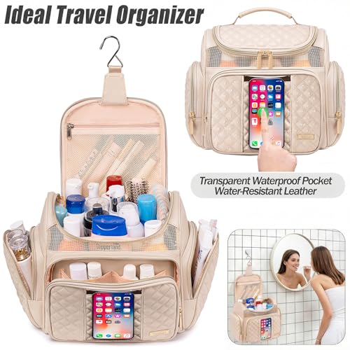 Large Leather Toiletry Bag for Women Men,Bathroom Bag,Water Resistant Shower Bag,Makeup Bag,Portable Shower Caddy for College Dorm,Hanging Travel Toiletry Bag with Transparent Waterproof Phone Pocket - color: Cream White Leather-1