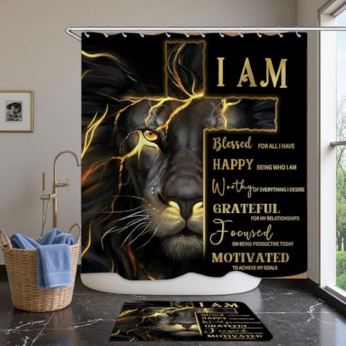4 Pcs Gold Cross and Lion Shower Curtain Set with Rugs and Toilet Lid Cover, Black Gold Lion Shower Curtain Waterproof Bathroom Set, Inspirational Quotes Shower Curtain Bathroom Decor Set Accessories - color: Cross Lion
