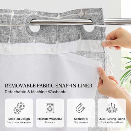 Farmhouse Shower Curtain with Snap-in Liner, No Hooks Needed Fabric Shower Curtains with Tassels for Rustic Bathroom Decor, with Window,with Magnets,Water Repellent&Machine Washable,Grey,71x74Inch - color: Grey-window, size: 71"W x 74"L (Pack of 1)