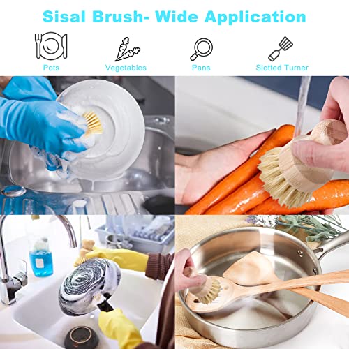 Bamboo Dish Brush Set, 4 Pcs Palm Wooden Dish Scrubber Brush, Dish Brushes, Durable Wood Dishes Scrub Brush, Natural Round Vegetable Cleaning Pots Pans Sink Washing Kitchen Brush by Aisuly - size: 2p Palm+2p Sisal