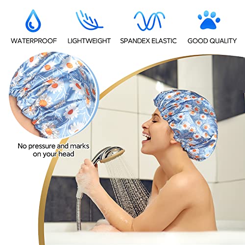 Reusable Shower Cap, Hair Cap, Oversized Waterproof Shower Caps Large Designed for all Hair Lengths with PEVA Lining & Elastic Band Stretch Shower Hat - Blue Flower Shower Caps for Women - color: Blue Flower, size: X-Large