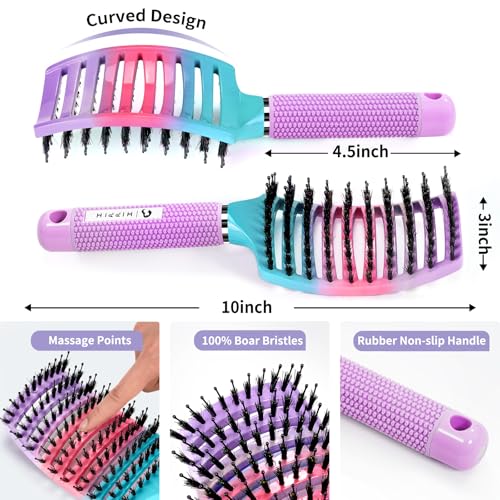 Boar Bristle Hair Brush Set of 2, HIPPIH Wet & Dry Hair Brushes Made by Fine Natural Boar Hair Can Adds Shine and Smoothing, Detangling Hairbrush for Women, Men & Kids' Long Curly Thick Hair - color: Mint Green & Purple