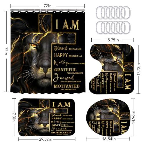 4 Pcs Gold Cross and Lion Shower Curtain Set with Rugs and Toilet Lid Cover, Black Gold Lion Shower Curtain Waterproof Bathroom Set, Inspirational Quotes Shower Curtain Bathroom Decor Set Accessories - color: Cross Lion