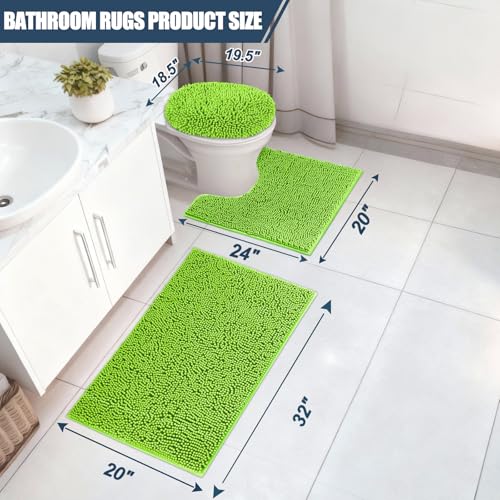 Bathroom Rugs Sets 3 Piece with Adjustable Toilet Seat Cover 19.5"x 18.5" Machine Washable Bath Rug Set with TPR Non Slip Rubber Backing Solid Bath Mat Set for Luxury Bathroom Decoration - color: Lime Green