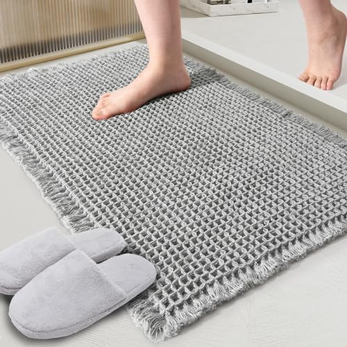 ZALL Grey Waffle Bath Mat,Super Absorbent Non Slip Bathroom Rug,Gray 18x30inch,Machine Washable Ultra Soft Floor Mats - color: Grey, size: 18 x 30 inches(Rectangular)