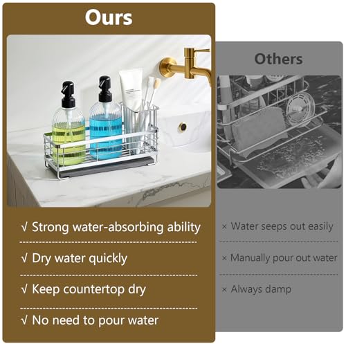 Shinowa Kitchen Dish Soap Dispenser Set, 14OZ Glass Bottle with Rustproof 304 Stainless Steel Sponge Holder and Instant Dry Tray, Hand and Dish Soap Dispenser Set for Kitchen Sink Organizer, Silver - color: Silver + Dark Grey + Transparent