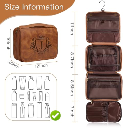 Personalized Hanging Toiletry Bag Travel Gifts for Men Him, 3-in-1 Large Laser-Engraved Initial Waterproof PU Leather Shaving Bag Valentines Birthday Gift for Men Dad Husband Light Brown M - color: Light Brown, style: M