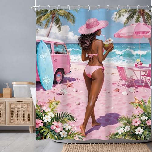 Newsely Pink Coastal Shower Curtain 60Wx72L Inch Summer Beach Coconut Trendy Girly Aesthetic Pretty Starfish Floral Botany Seashell Bathroom Set Waterproof Bath Decoration Accessories Home Decor - color: E-01pink, size: 60"W x 72"L (Pack of 1)