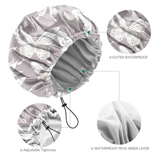 2 PCS Shower Cap Waterproof Double Layer Elastic Adjustable Reusable Hair Bath Caps for Girls Women Cute Aesthetic-White - color: G5-White