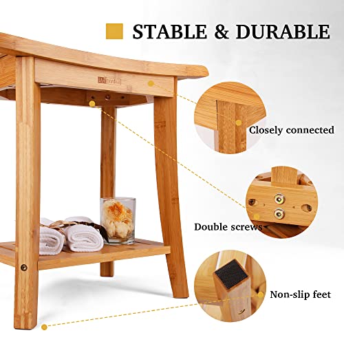 Unibambou Bamboo Shower Bench with Storage Shelf, Wooden Spa Bath Deluxe Organizer Shower Stool for Inside Shower, Bathroom Bench Seat for Adults Elderly Seniors for Indoor or Outdoor Use - color: Natural, size: Medium 19x10x18 Inch
