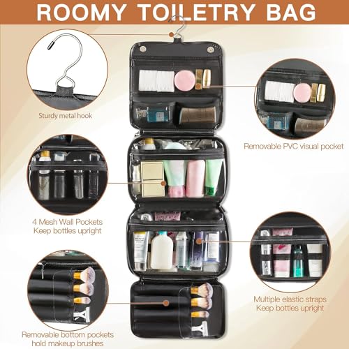 Elviros Hanging Toiletry Bag Removable Travel Bag PU leather Makeup Cosmetic Organizer Kit, Black | Removable Travel Organizer Bag for Cosmetics, Toiletries, Makeup Tools, and Daily Essentials with Easy Carry Design - color: Black, size: 1 Pack