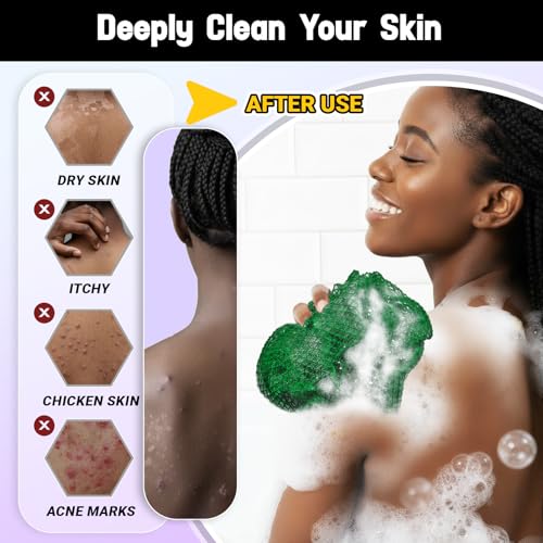 African Net Sponge Authentic 2 Pieces Gentle Exfoliating Body Scrubber Bath Sponges for All Skin Types, African Exfoliating Net Sponge with Handles Washcloth Loofah Bathing Accessories for Shower - style: Dark green, Olive green