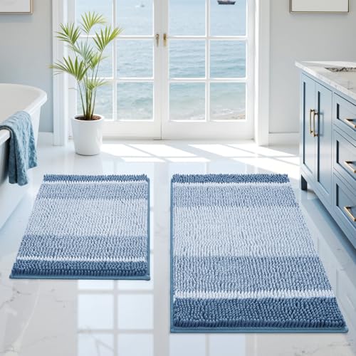 HOMEIDEAS Blue Bathroom Rugs Set, 2 Piece Thick Absorbent Fluffy Striped Chenille Bath Rugs, Non Slip, Soft Shaggy Bath Mats for Blue Bathroom Decor, 20" x 32" Plus 17" x 24" - color: Blue
