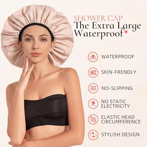 Extra Large Shower Cap for Women, Reusable Waterproof Shower Bonnet with Satin Lining, Double Layer Washable Bath Hair Cap for Braids, Locs, Long Thick Curly Hair, Natural Hair(Big Beige) - color: Beige