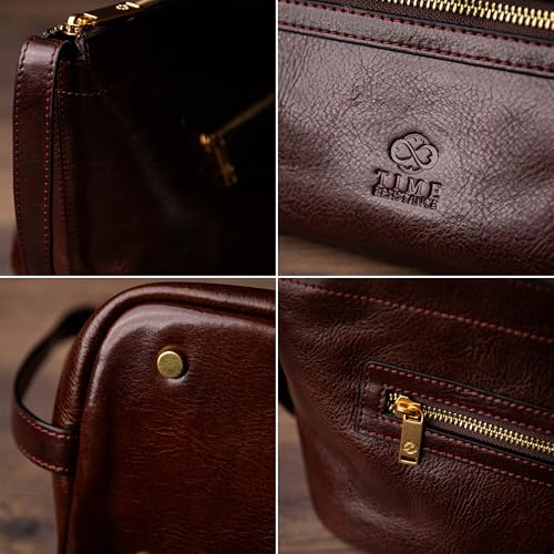 Time Resistance Leather Toiletry Bag - Dopp Kit, Full-grain Leather Cosmetic Case, Wash Bag (Brown)