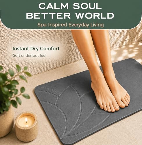 Bathroom Stone Mat Quick Dry – Stone Bath Mat for Bathroom, Diatomaceous Earth Bath Mat, Non Slip Stone Mat 23.6”×15.4” | East Lotus by JapandiSpirit - color: East Lotus