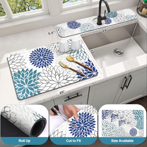 Findosom 2PCS 12" x 20" Dish Drying Mat & 24" x 5.5" Sink Splash Guard, Super Absorbent & Cuttable Dish Mat Drying Kitchen Mat with Blue Floral, Hide Stain Drying Mat for Kitchen Counter - color: Blue, size: 12" X 20" + 24" X 5.5"