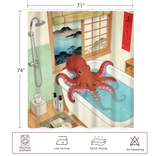 Fabric Shower Curtain with Hooks, Waterproof & Washable & Polyester, Fun Japanese Anime Octopus Shower Curtains for Bathroom, Cute Funny Whimsical Animal Bathroom Curtain, House Gift, 71x74 Inch - color: Fun Octopus