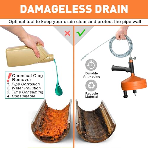 BACOENG 33Ft Drain Auger, Heavy Duty Plumbing Snake with Drill Adapter, Use Manually or Powered for Drain Clog, Shower Sink, Comes with Gloves and Bag (Orange) - color: Orange-33FT