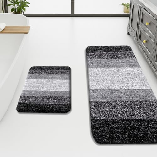 Arotive Bathroom Rugs Sets 2 Piece, Shaggy Soft and Absorbent Microfiber Bath Rugs, Machine Washable Dry Bath Mats for Bathroom, 47x20 and 24x16, Black - color: Black, size: 47" X 20" + 24" X 16"