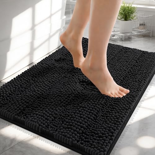 OLANLY Thick Small Bathroom Rugs 24x16, Extra Soft Absorbent Chenille Striped Bath Rugs, Rubber Backing, Machine Wash, Bath Mats for Bathroom Floor, Tub and Shower, Home Decor Accessories, Black - color: Black, size: 24" X 16"