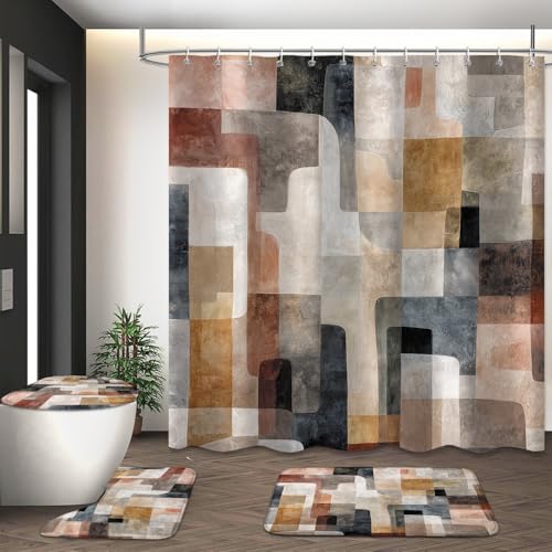 4Pcs Mid Century Shower Curtain Set, Beige Brown Grey Modern Bathroom Shower Curtain with Rugs and Accessories, with Non-Slip Rugs, Toilet Lid Cover and Bath Mat for Bathroom Decor Set - color: Beige