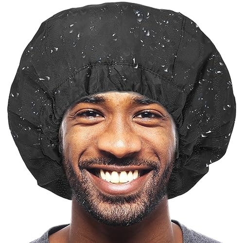 Shower Cap for Men Black Bath Cap, Reversible Terry Lined Large Waterproof Adjustable Shower Caps Elastic Band Stretch Hem Hair Hat for braids - color: BLACK