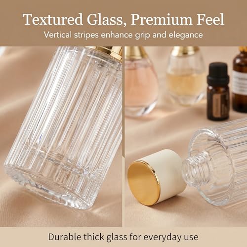 YU FENG 2 Pack 100ml Glass Perfume Spray Bottles, Gold Rim Atomizer | Vertical Striped Texture, Gold Sprayer With Cream Cap, Stylish Refillable Bottle, Fine Mist Spray For Perfume And Oils - style: Gold-Trim Cream Cap-2