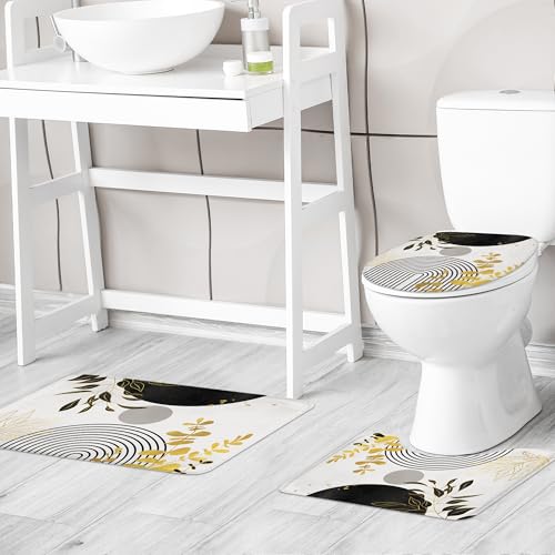 Riyidecor Boho Black Gold 4Pcs Shower Curtain Set with Toilet Lid Cover and Non-Slip Rugs, Mid Century Modern Minimalist Bathroom Decor Set，Abstract Contour and Bath Mat with 12 Hooks - color: 03black Gold