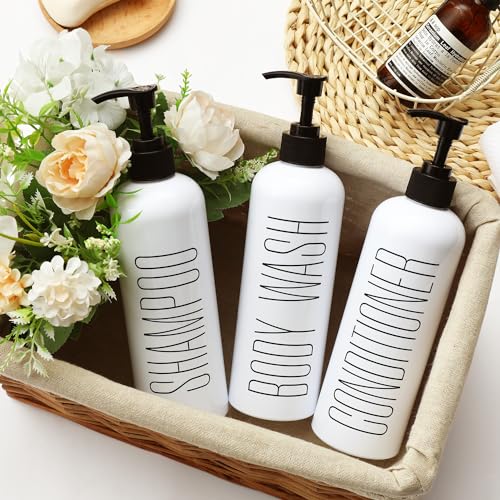 HOMCDALY Shampoo and Conditioner Dispenser, 16oz 3-Pack Refillable Pump Bottles, Shampoo Conditioner Body Wash Dispensers Bottles, Bathroom Shampoo Dispenser Set(White - color: White&black Pump
