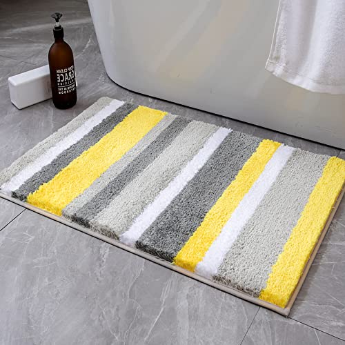 MIULEE Yellow Grey Bathroom Rug 16x24 Inch, Small Soft Thick Microfiber Striped Bath Mat, Non Slip Fluffy Plush Machine Washable Quick Dry for Bathroom Decor, Floor Tub and Shower - size: 16”x24”