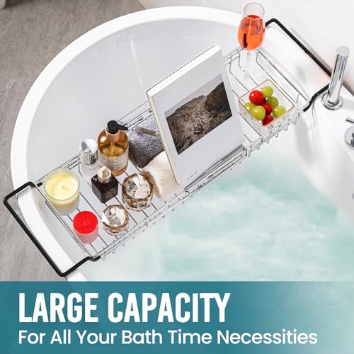 TAILI Bathtub Tray Table for Luxury Bath, Expandable Extra Wide Bthtub Caddy with Reading Holder, 304 Stainless Steel Over The Tub Bath Tray for Bathroom Accessories