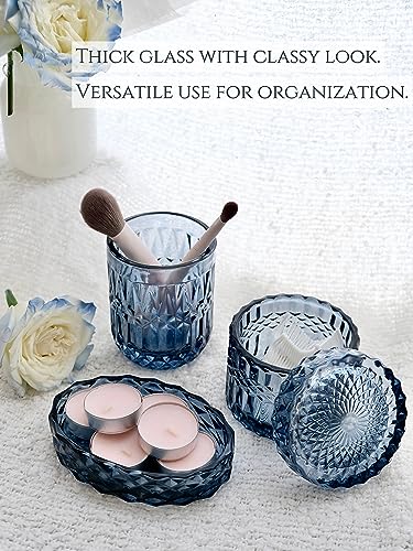 LaMarriti Blue Bathroom Accessories Set, 5Pcs Clear Glass Bathroom Accessories, Hand Soap Dispenser, Soap Dish, Toothbrush Holder Set, Qtips Holder for Crystal Vintage Bath Countertop Decor, Gift Set - style: Blue