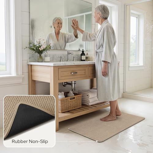 HOMEIDEAS Bathroom Rugs Set 2 Piece, Ultra Thin Non-Slip Bath Mats Rubber Backed, Chenille Absorbent Quick Dry Mats, Boho Bathroom Rugs, Low Profile Fits Under Door (Beige, 32"x20"+24"x17") - color: Beige