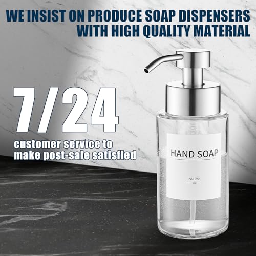 Glass Foaming Hand Soap Dispenser, 10 oz Easy Refill Glass Soap Dispenser, Foam Dispenser with Stainless Steel Pump & Waterproof Labels, Clear Foam Soap Bottle for Bathroom Countertop - color: Brushed Nickel Foam 1pc
