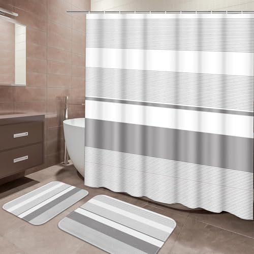 ArtSocket Grey Striped Bathroom Set with Shower Curtain and Bath Rugs and Accessories,Boho Modern Non-Slip Shower Curtain Set,Bathroom Decor 3 Pcs - color: Grey Striped