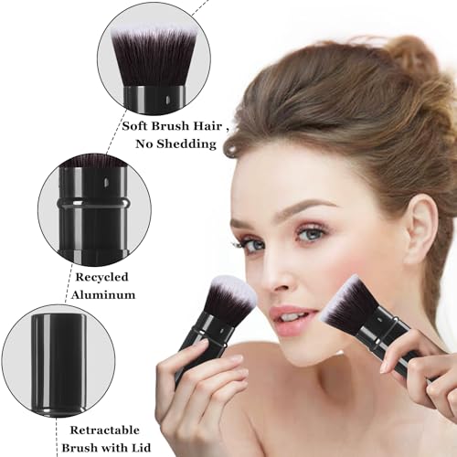 Retractable Kabuki Brush, 2 Pack Travel Foundation Face Makeup Brush Set | Powder Makeup Brushes for Blush, Liquid, Cream, Cosmetics, Loose Powder, Bronzer, with Aluminum Handle, Cover - color: Black