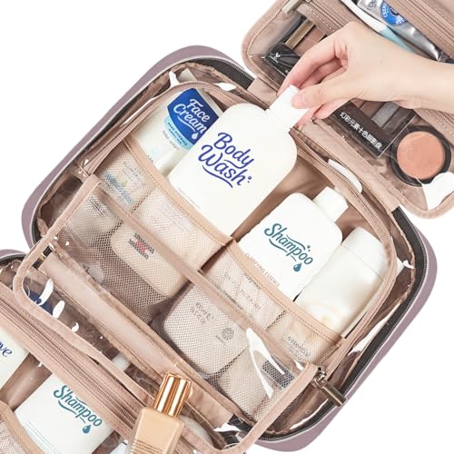 NISHEL Travel Toiletry Bag for women, Portable Hanging Organizer for Full-Sized Shampoo, Conditioner, Brushes Set, Makeup Accessories, Large Size, Peach Pink - color: Peach Pink, size: Large
